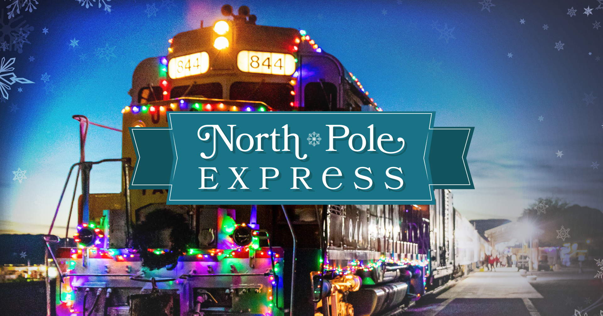 A yellow train locomotive decorated with multicolored holiday lights in front of a dark blue background. The words North Pole Express are in a blue-green banner in front of the locomotive.